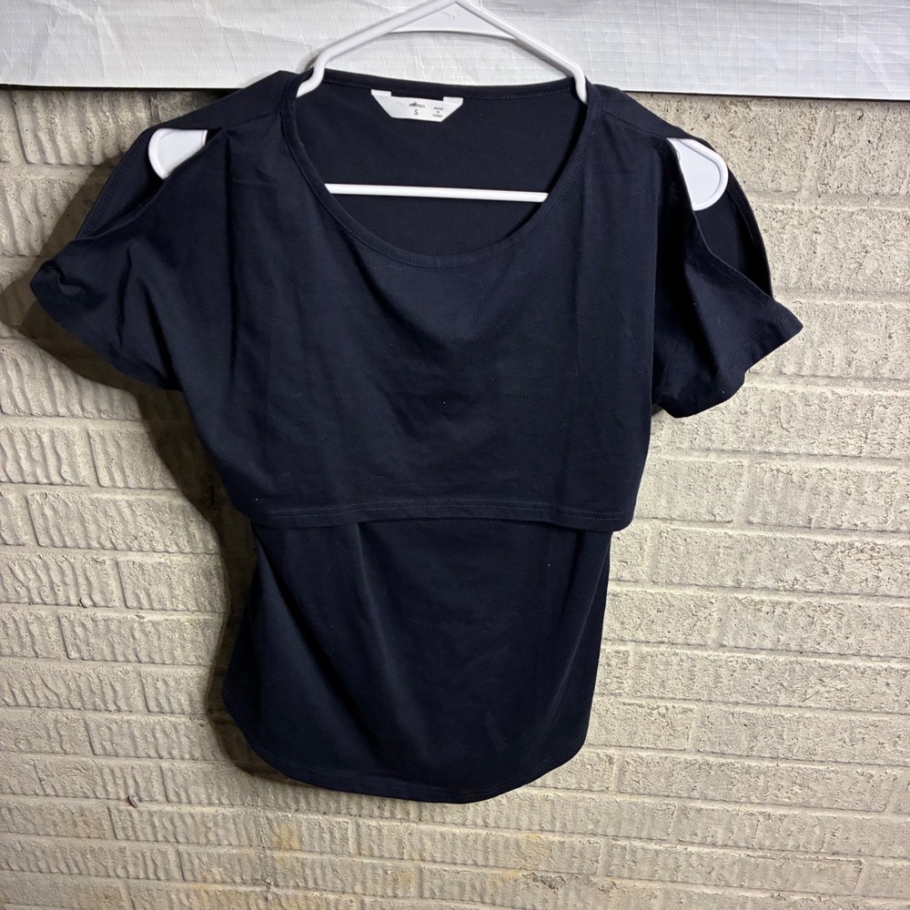 Amazon Nursing Navy Blue Cutout Cold‎ Shoulder Tunic Top Size S Short Sleeve